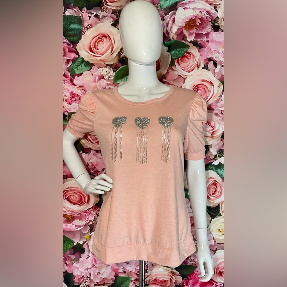 Madison Size Medium M Valentina Rhinestone Heart Tassels Pink Love Top NWT